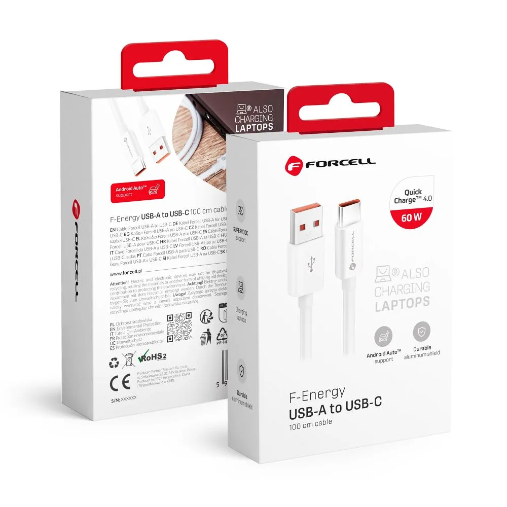FORCELL F-ENERGY C336 cable USB A to Type C QC4.0 3A 60W 1 m white