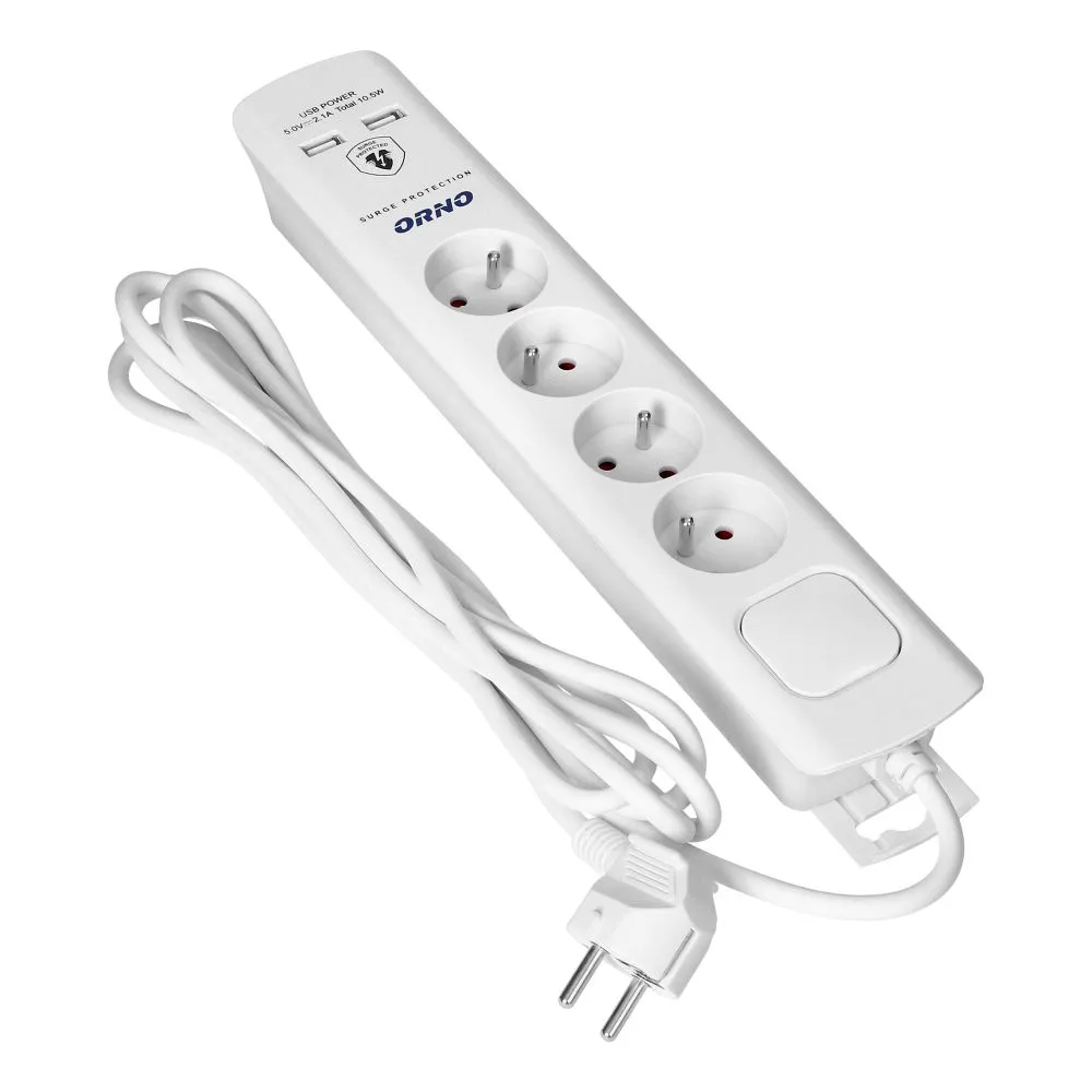 Power strip with surge protection, 4 sockets 2P+E 2xUSB, 3x1.0mm2 cable, 3m long, white (OR-AE-13243/W/3M) - Image 2