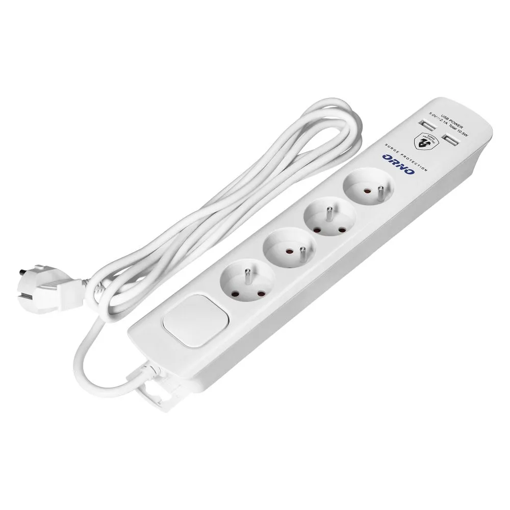 Power strip with surge protection, 4 sockets 2P+E 2xUSB, 3x1.0mm2 cable, 3m long, white (OR-AE-13243/W/3M)