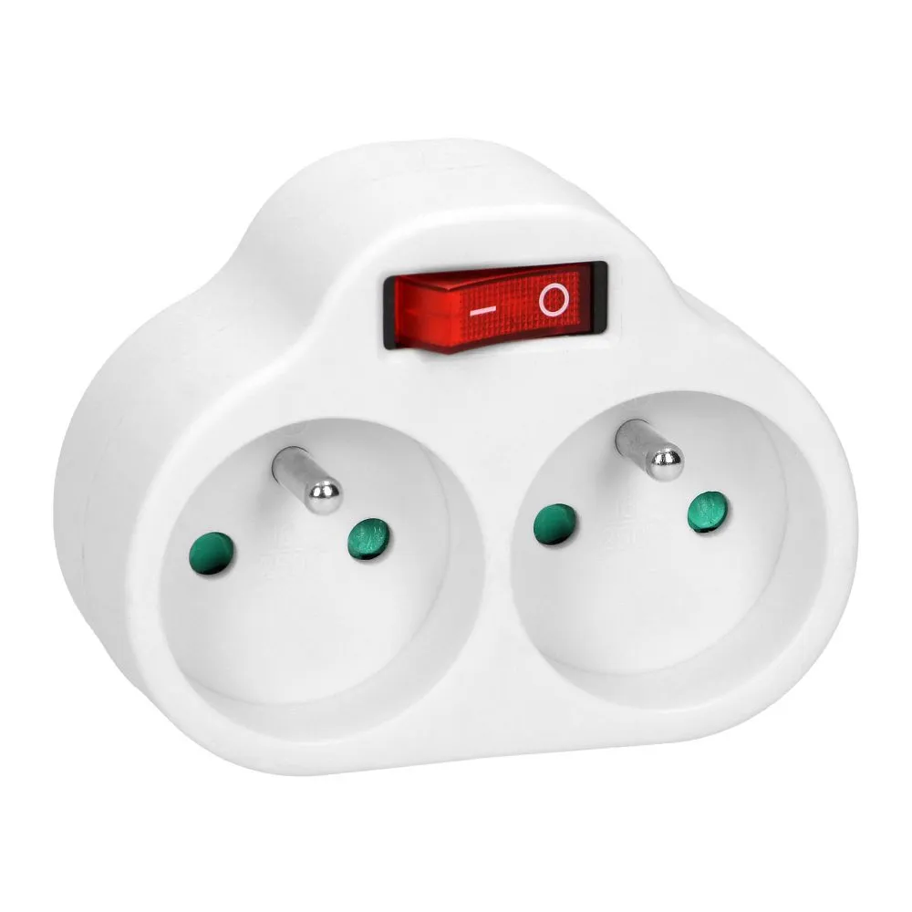 Power splitter with 2 round sockets and a central switch, white (OR-AE-13187)