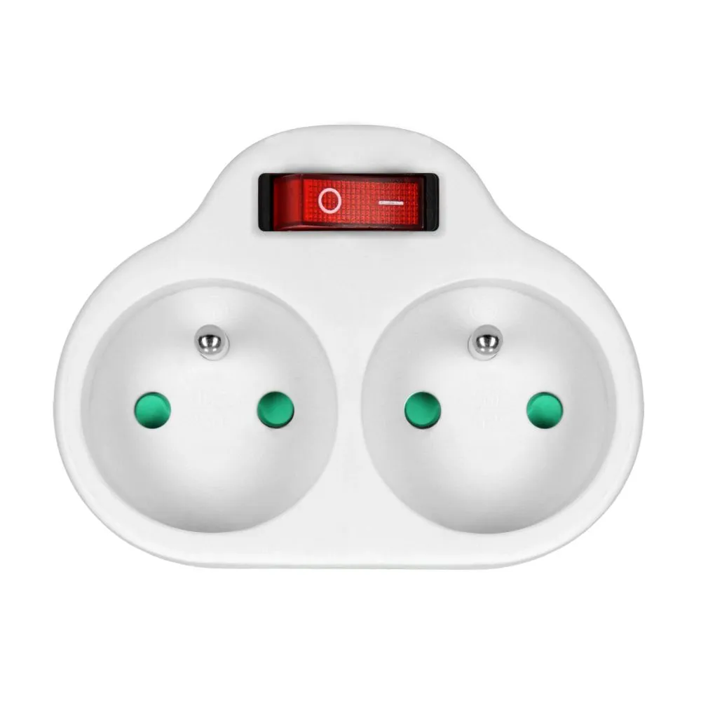Power splitter with 2 round sockets and a central switch, white (OR-AE-13187) - Image 2