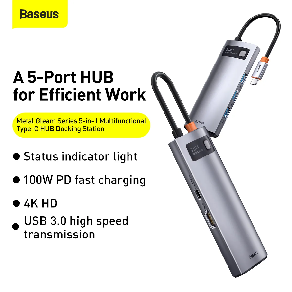 BASEUS adapter HUB 5in1 Type C CAHUB-CX0G 0,15 m gray - Image 10