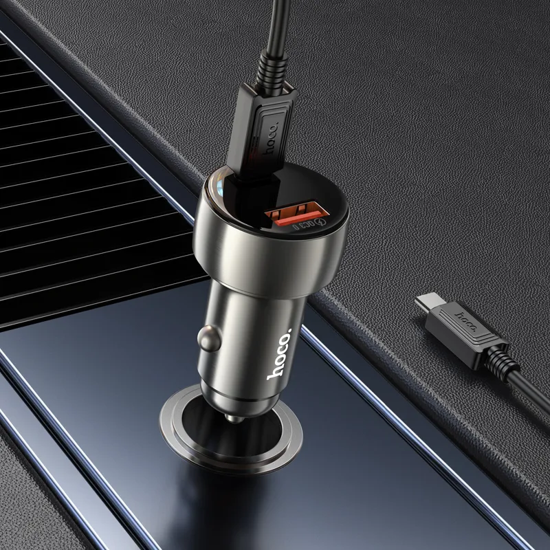 HOCO car charger USB A + Type C with digital display + cable Type C to Type C PD QC3.0 3A 48W Z50 metal grey - Image 3