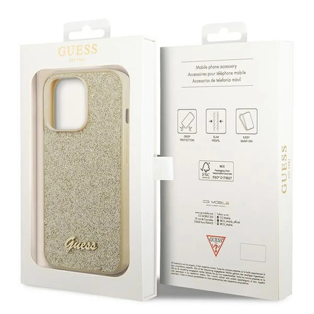 GUESS case for IPHONE 14 Pro GUHCP14LHGGSHD (Glitter Flakes Script Metal Logo) gold - Image 8