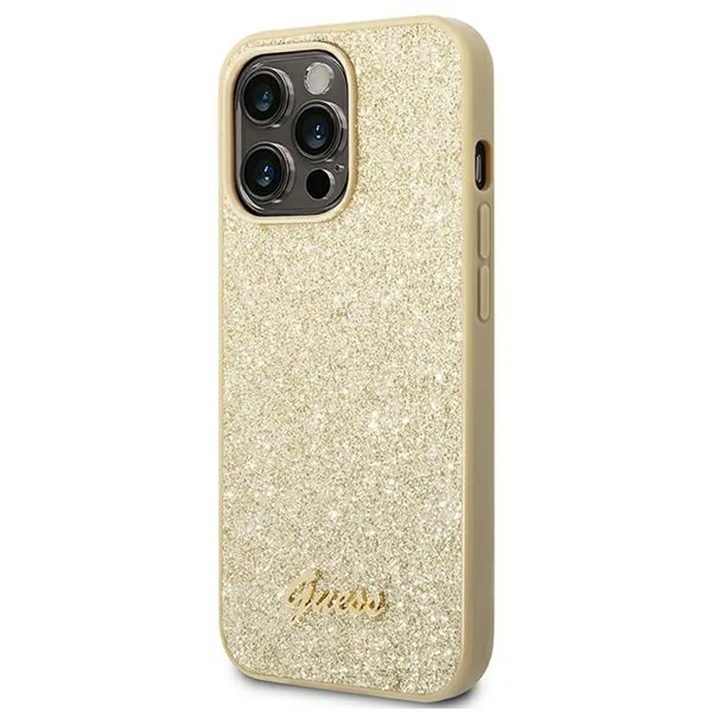 GUESS case for IPHONE 14 Pro GUHCP14LHGGSHD (Glitter Flakes Script Metal Logo) gold - Image 2
