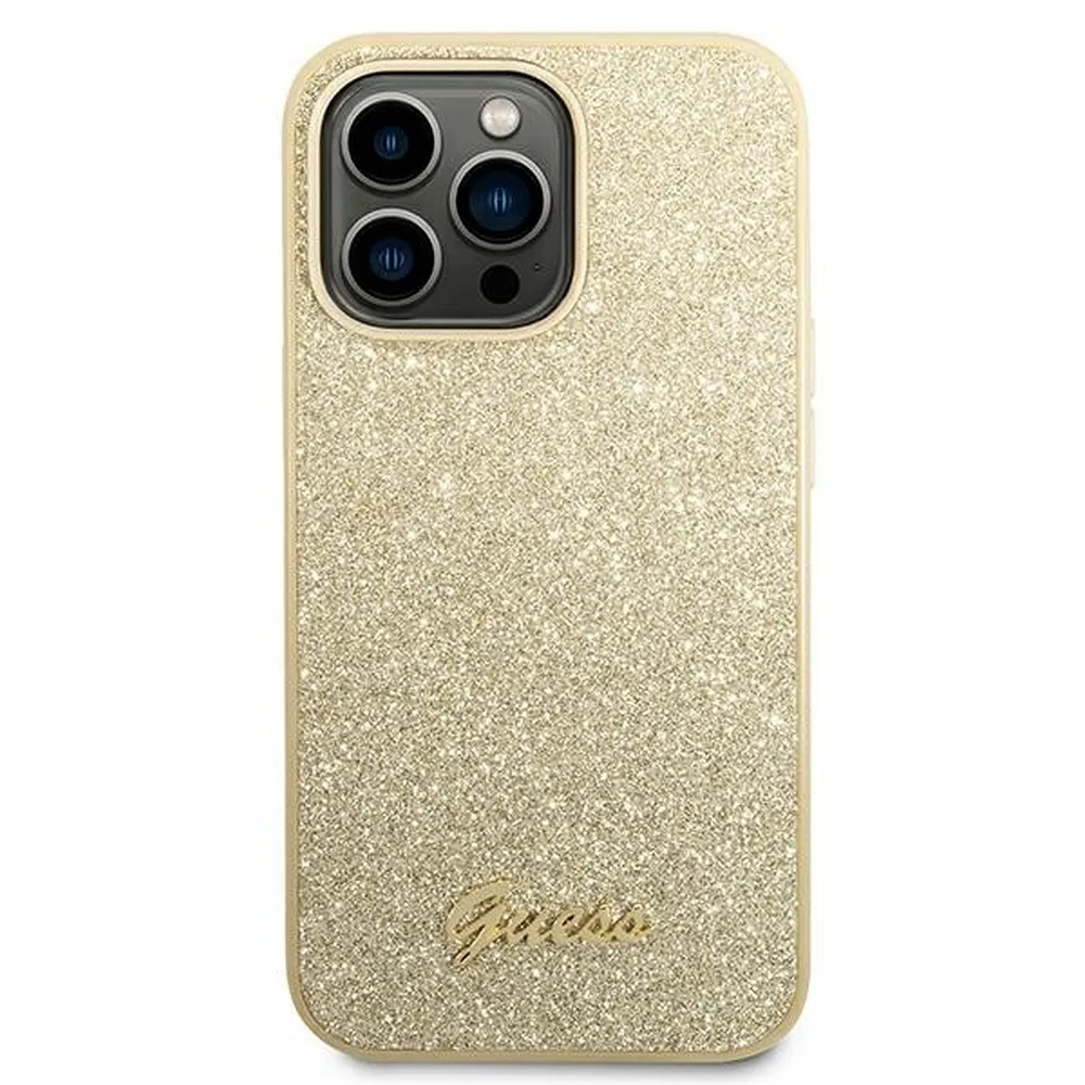GUESS case for IPHONE 14 Pro GUHCP14LHGGSHD (Glitter Flakes Script Metal Logo) gold - Image 3