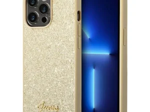 GUESS case for IPHONE 14 Pro Max GUHCP14XHGGSHD (Glitter Flakes Script Metal Logo) gold