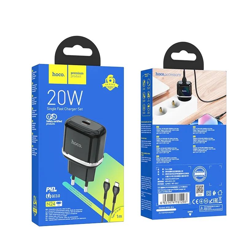 HOCO travel charger Type + cable Type C to iPhone Lightning OD QC3.0 20W N24 black - Image 5