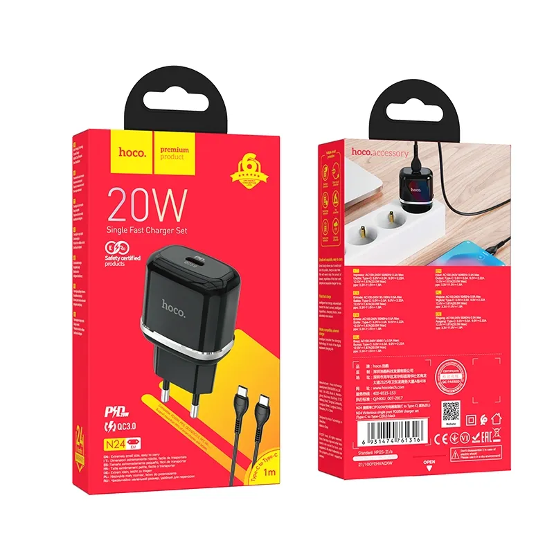 HOCO travel charger Type C + cable Type C to Type C PD QC3.0 20W N24 black - Image 5