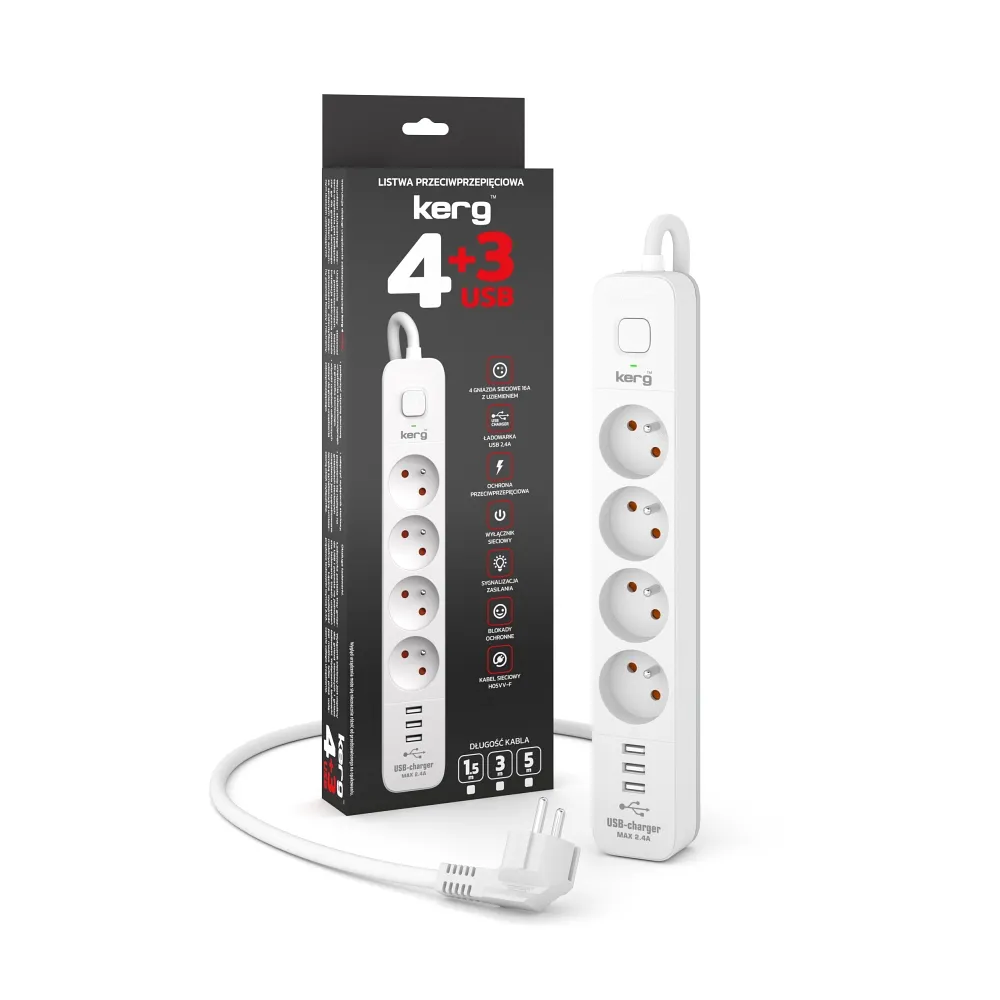 Power strip 4 socket + 3 x USB A 3×1.5mm² H05VV-F 16A/250V~M02415 5 m white - Image 3