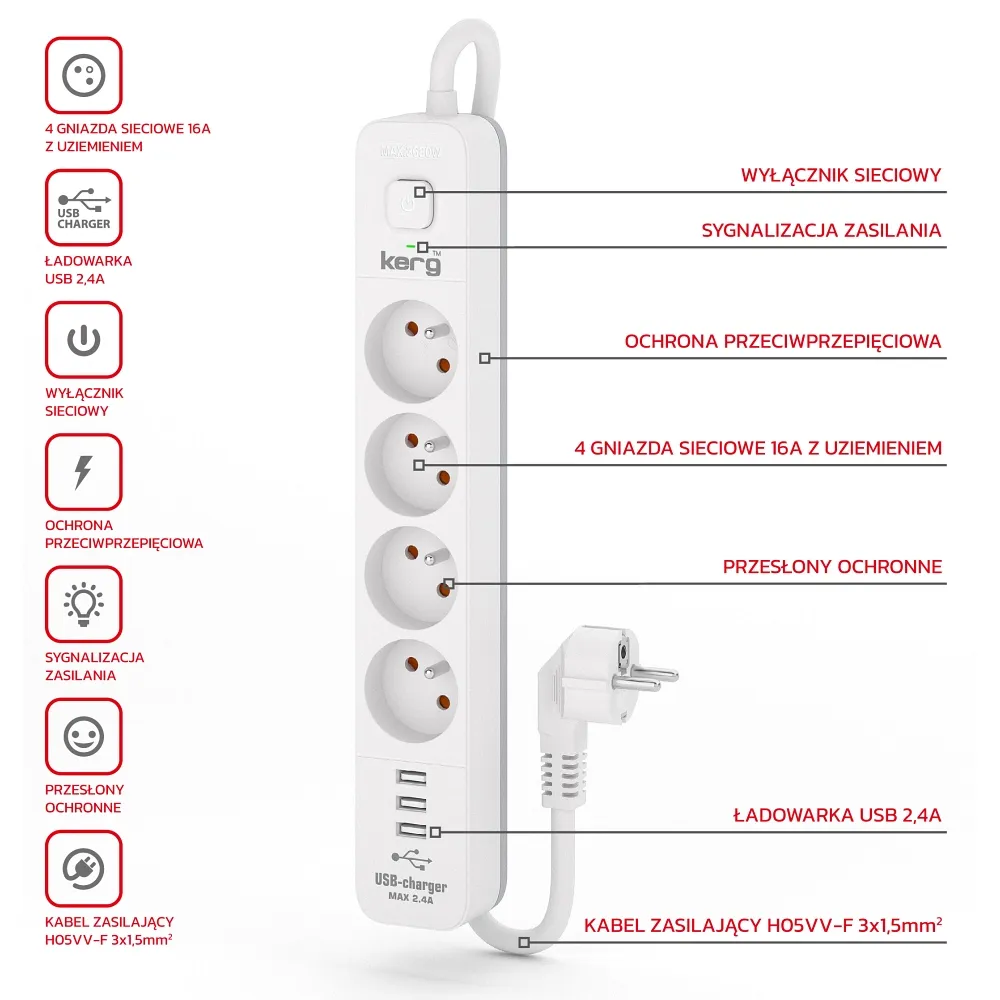 Power strip 4 socket + 3 x USB A 3×1.5mm² H05VV-F 16A/250V~M02415 5 m white - Image 2