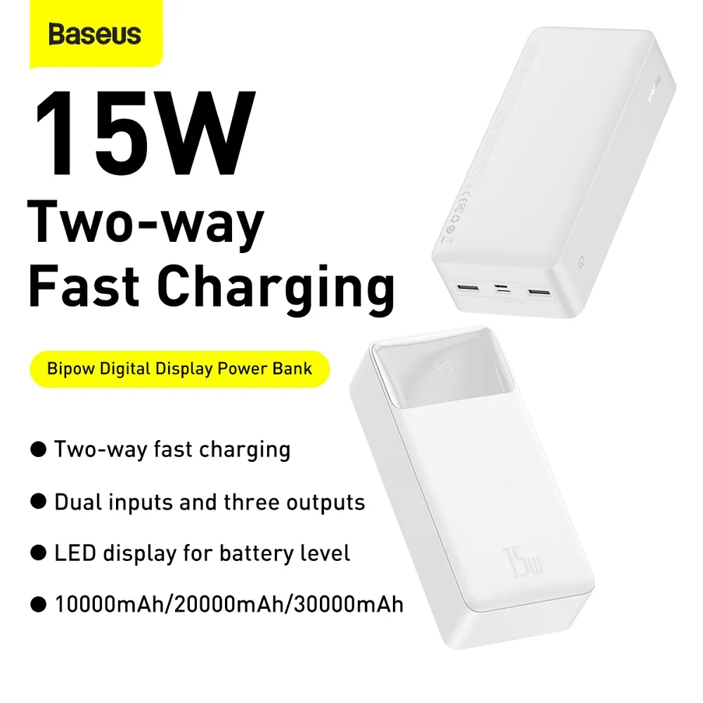 BASEUS powerbank 30 000 mAh + cable USB A do Micro USB PD QC3.0 3A 15W PPBD050202 white - Image 15