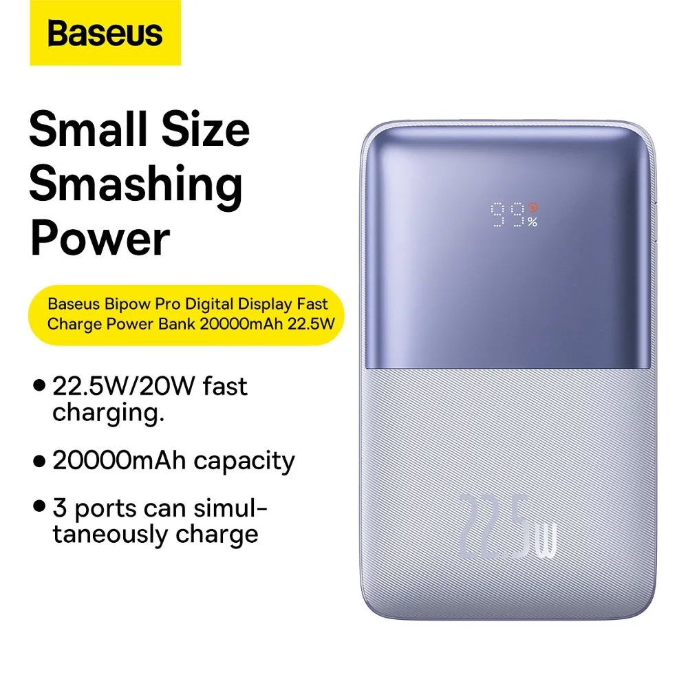 BASEUS powerbank 20 000 mAh + cable USB A to Type C PD QC3.0 3A 22,5W PPBD040305 purple - Image 12