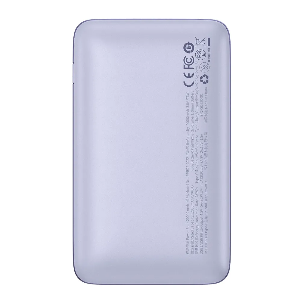 BASEUS powerbank 20 000 mAh + cable USB A to Type C PD QC3.0 3A 22,5W PPBD040305 purple - Image 3