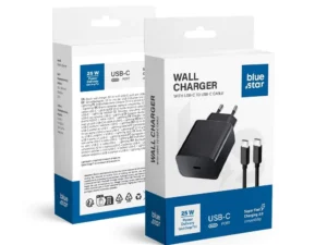 BLUE STAR utazási töltő, C-típusú + C-típusú–C-típusú kábel, PD, QC4.0, 3 A, 25 W, TFB-TC-25WPD, fekete