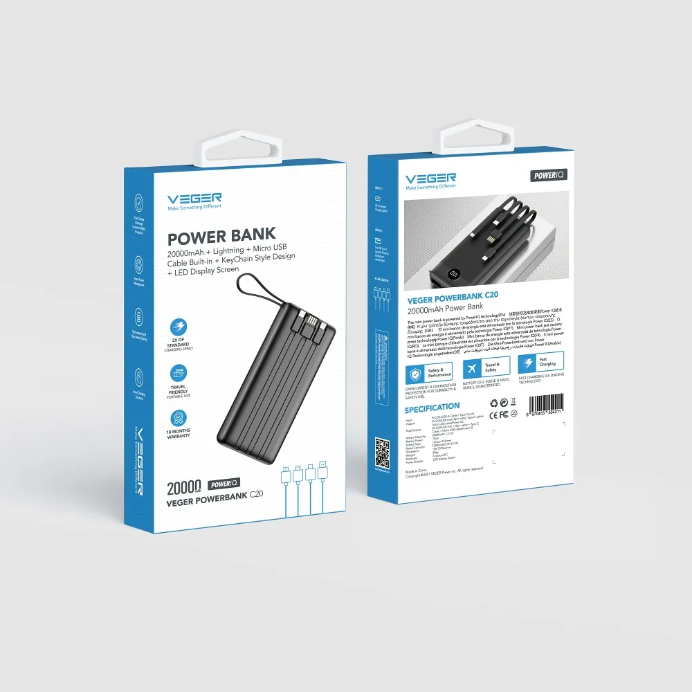 VEGER 20 000 mAh-s powerbank beépített Micro USB / Type C / Lightning C20 kábelekkel (W2047), fekete - Image 20