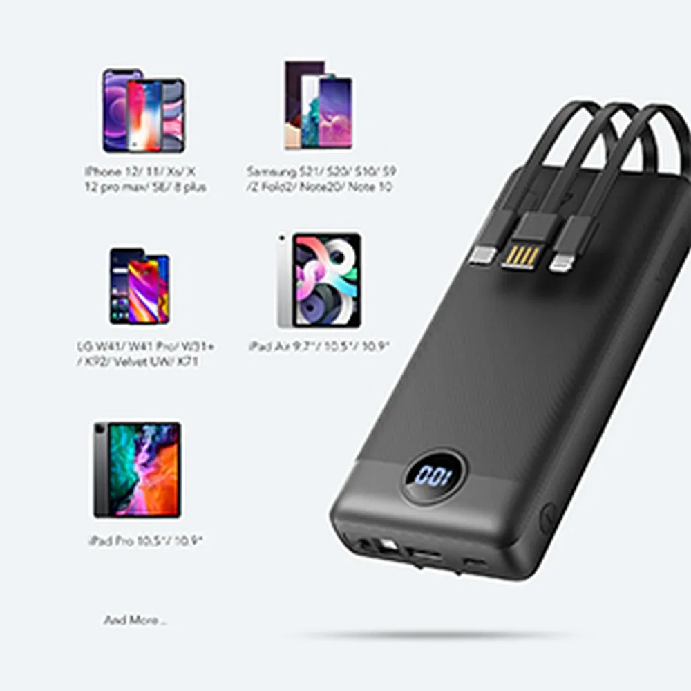 VEGER 20 000 mAh-s powerbank beépített Micro USB / Type C / Lightning C20 kábelekkel (W2047), fekete - Image 12
