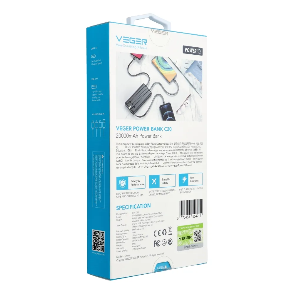 VEGER 20 000 mAh-s powerbank beépített Micro USB / Type C / Lightning C20 kábelekkel (W2047), fekete - Image 23