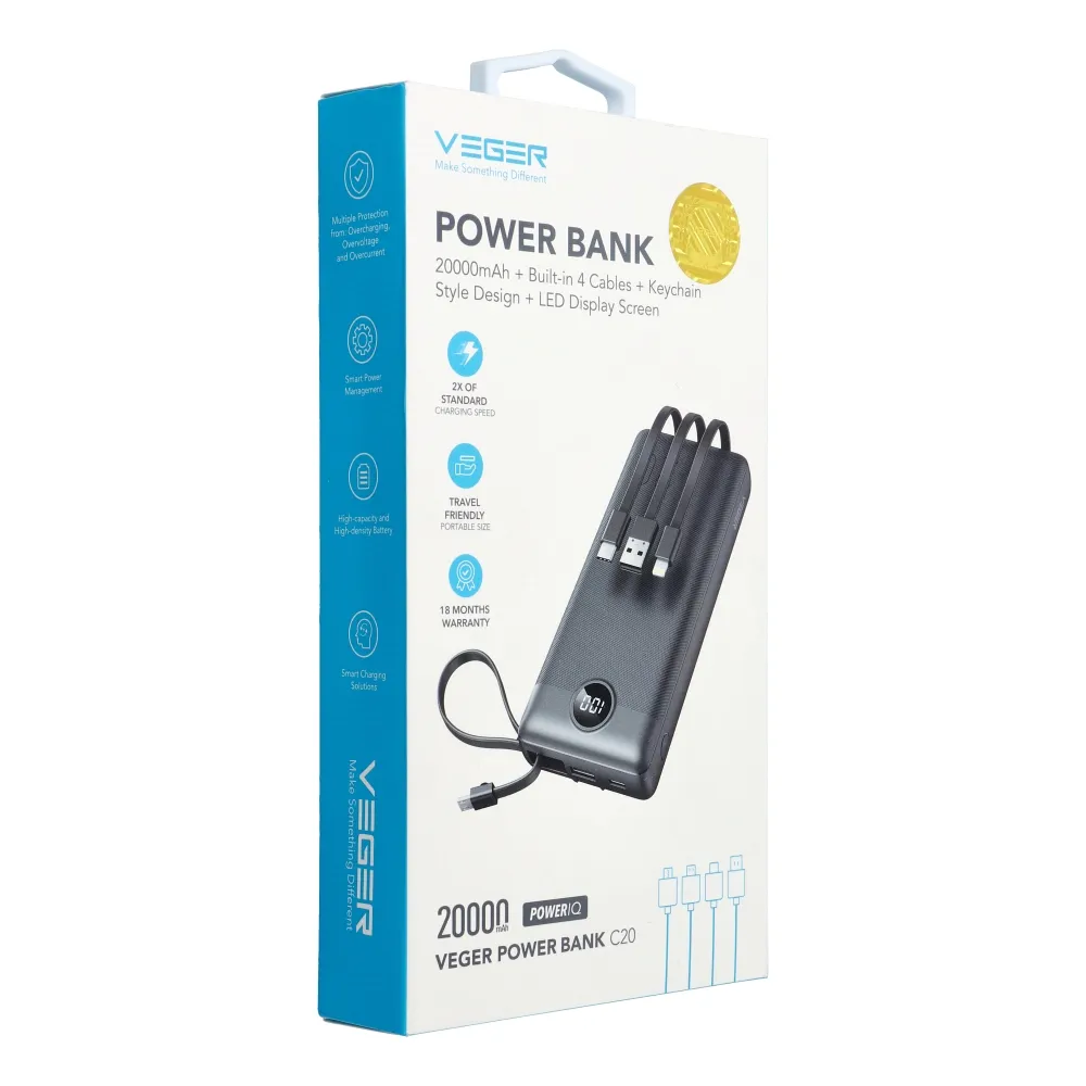 VEGER 20 000 mAh-s powerbank beépített Micro USB / Type C / Lightning C20 kábelekkel (W2047), fekete - Image 22