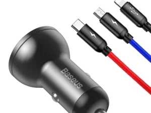 BASEUS car charger 2 x USB A with digital display + cable 3in1 Micro USB / Lightning / Type C 4,8A 24W TZCCBX-0G black