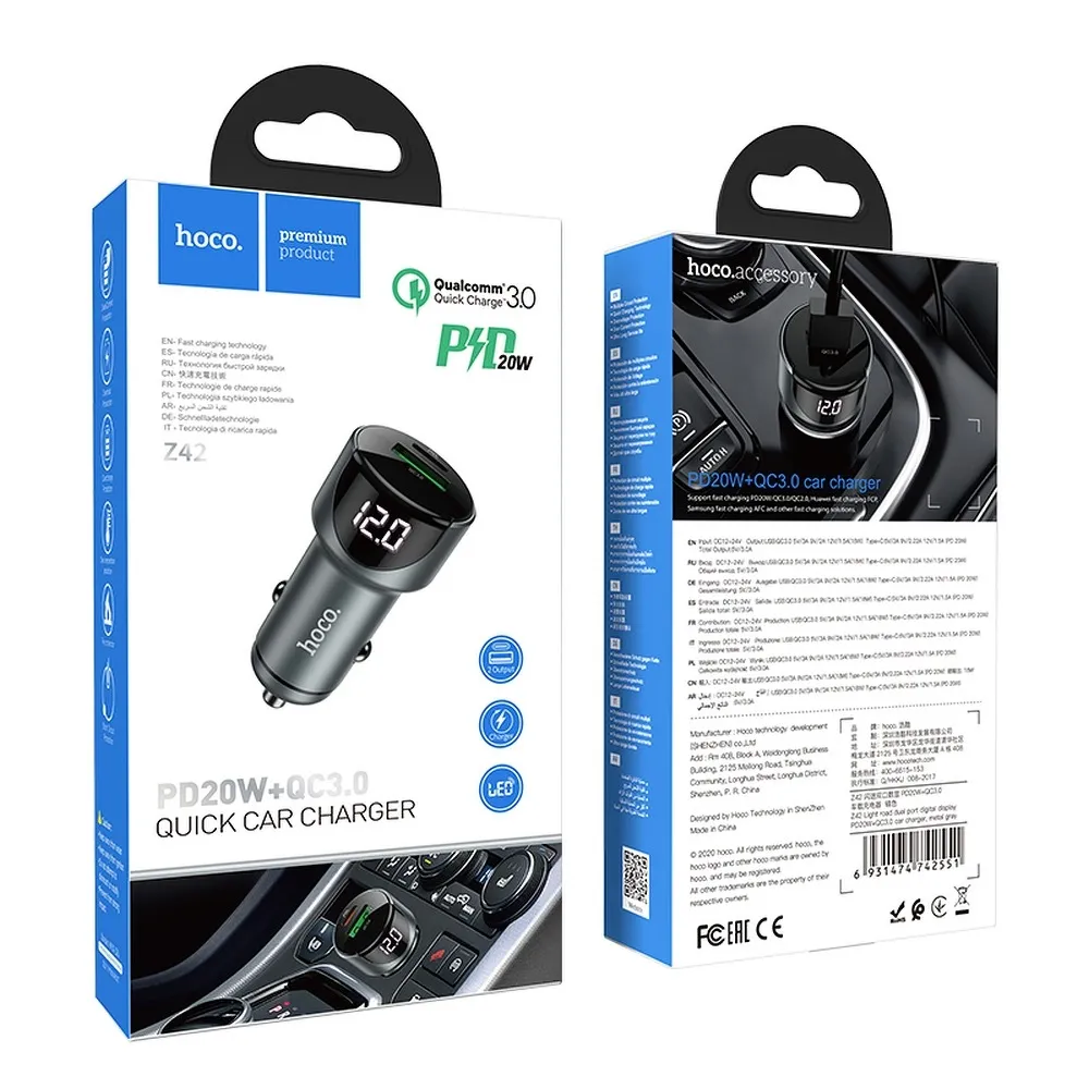 HOCO car charger USB A + Type C with digital display PD QC3.0 3A 20W Z42 metal grey - Image 4