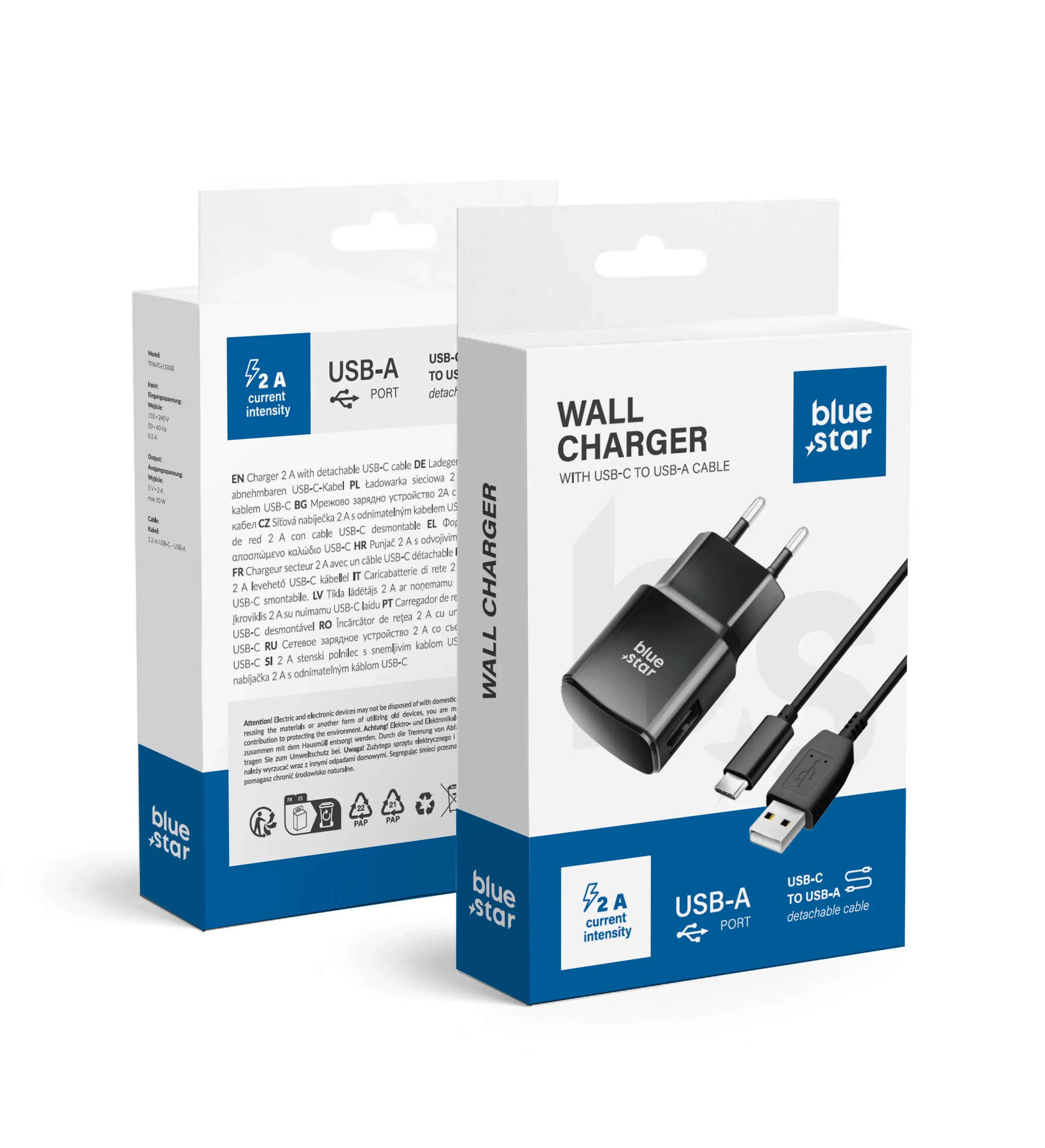 Blue Star USB-A 2A 10 W-os telefon-töltő + USB-A–USB-C kábel, TFK-TC-1100B, fekete - Image 3