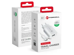 FORCELL F-ENERGY TFK-TC-1099 utazó töltő USB-A + USB-A–Type-C kábel, QC3.0, 2,4 A, 18 W, fehér