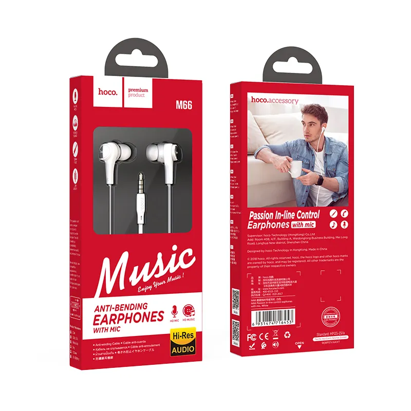 HOCO wire earphones Jack 3,5 mm with microphone M66 white - Image 4