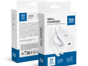 Blue Star USB-C QC3.0 PD 3A 18W telefon-töltő + USB-C–Lightning kábel TFK-TC-1099C, fehér