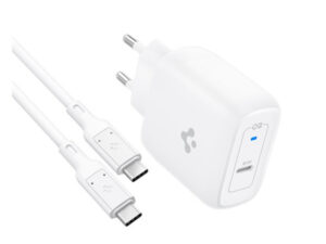 Spigen PowerArc PE2015 hálózati töltő adapter USB-C + USB-C / USB-C kábel, GaN, 45W, fehér