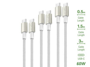 4smarts PremiumCord USB-C / USB-C töltő- és adatkábel szett,  60W, 3x0.5M+1.5M+3M, fehér / ezüst