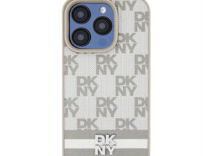 DKNY PU Leather Checkered Pattern and Stripe Apple iPhone 15 Pro tok, bézs