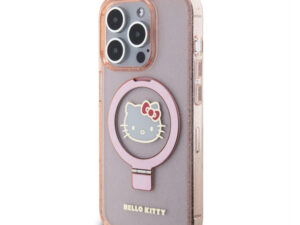 Hello Kitty IML Ringstand Glitter Kitty Head Logo Apple iPhone 15 Pro Max MagSafe hátlap tok, rózsaszín