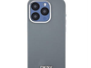 DKNY Liquid Silicone Silver Metal Logo Magsafe iPhone 15 Pro hátlap tok, szürke