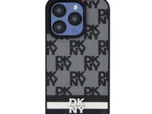 DKNY PU Leather Checkered Pattern and Stripe iPhone 13 Pro Max hátlap tok, fekete