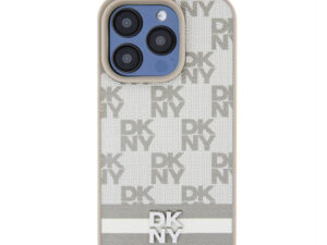 DKNY PU Leather Checkered Pattern and Stripe iPhone 14 Pro hátlap tok, bézs