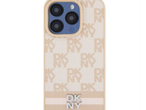 DKNY PU Leather Checkered Pattern and Stripe iPhone 14 Pro hátlap tok, rózsaszín