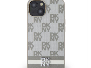 DKNY PU Leather Checkered Pattern and Stripe Apple iPhone 15 hátlap tok, bézs