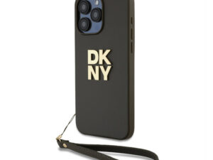 DKNY PU Leather Stack Logo Apple iPhone 15 Pro Max hátlap tok csuklópánttal, barna