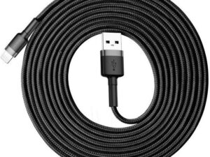 USB töltő- és adatkábel, Lightning, 300 cm, 2000 mA, törésgátlóval, gyorstöltés, cipőfűző minta, Baseus Cafule, CALKLF-RG1, fekete/szürke
