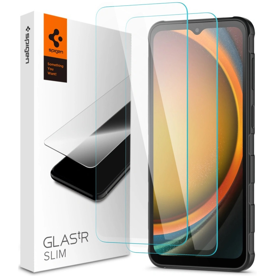 Samsung Galaxy Xcover 7 Pro SM-G766B, Kijelzővédő fólia, (az íves részre NEM hajlik rá!), Tempered Glass (edzett üveg), Spigen Glastr Slim, Clear, 2 db / csomag