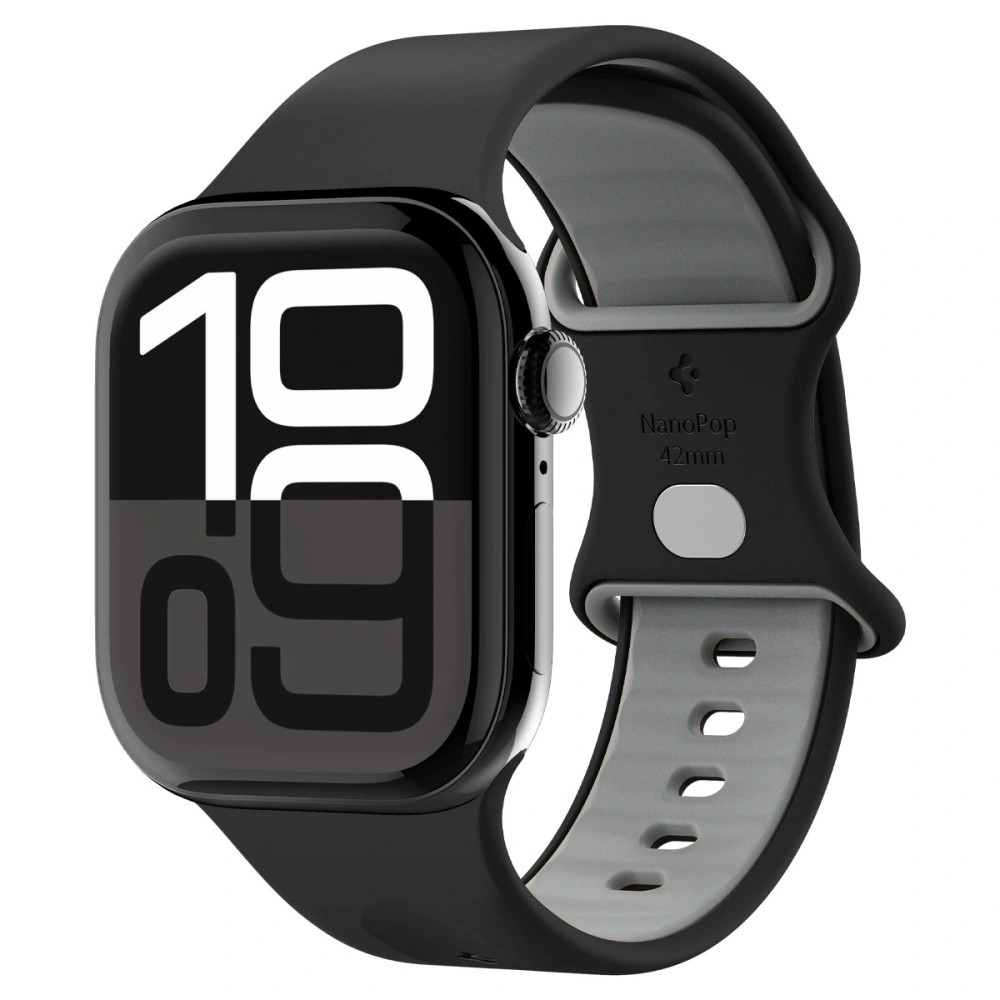 Apple Watch 4-6, SE, SE (2022), SE (2025) (38 / 40 mm) / Watch 7-9 (41 mm) / Watch 10-11 (42 mm), szilikon pótszíj, állítható, Spigen Nano Pop, fekete/szürke