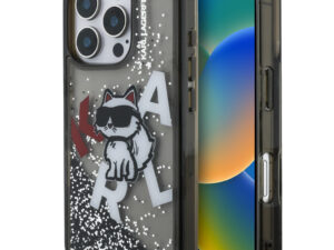 Karl Lagerfeld Liquid Glitter Scattered Choupette iPhone 16 Pro hátlap tok, fekete