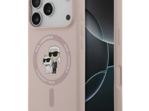Karl Lagerfeld Liquid Silicone Karl and Choupette MagSafe iPhone 17 Pro Max hátlap tok, rózsaszín