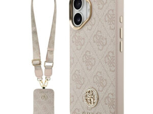 Guess 4G Strass Logo & Big Strap Metal Buttons Apple iPhone 17 MagSafe tok csukló / nyakpánttal, rózsaszín