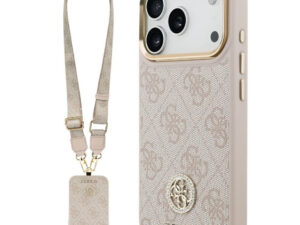 Guess 4G Strass Logo & Big Strap Metal Buttons Apple iPhone 17 Pro MagSafe tok csukló / nyakpánttal, rózsaszín