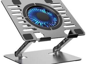 ART P12 állítható / összecsukható asztali notebook / laptop tartó, USB-A, aluminium, LED, ezüst