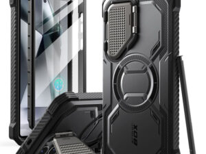 Supcase ArmorBox Samsung Galaxy S25 Ultra ütésálló tok, kijelző védelemmel, kitámasztóval, MagSafe, fekete