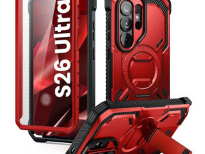 Supcase ArmorBox Samsung Galaxy S26 Ultra ütésálló tok, kijelző védelemmel, kitámasztóval, MagSafe, piros