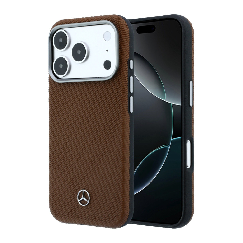 Mercedes PU Leather Semi Wrap Apple iPhone 17 Pro Max MagSafe tok, barna-ezüst